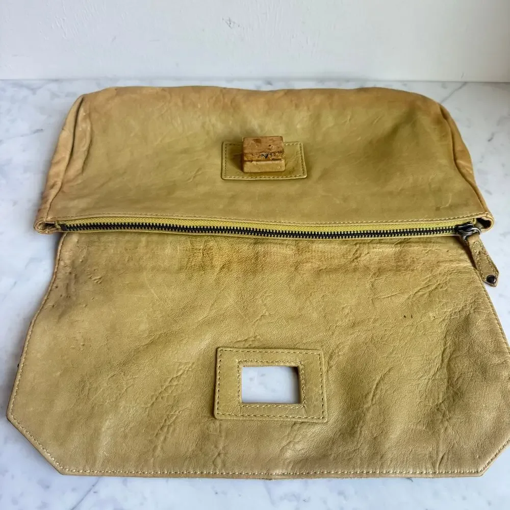 L.A.M.B. Embossed Leather Suede Clutch Bag Yellow Tan Lime Green Y2K